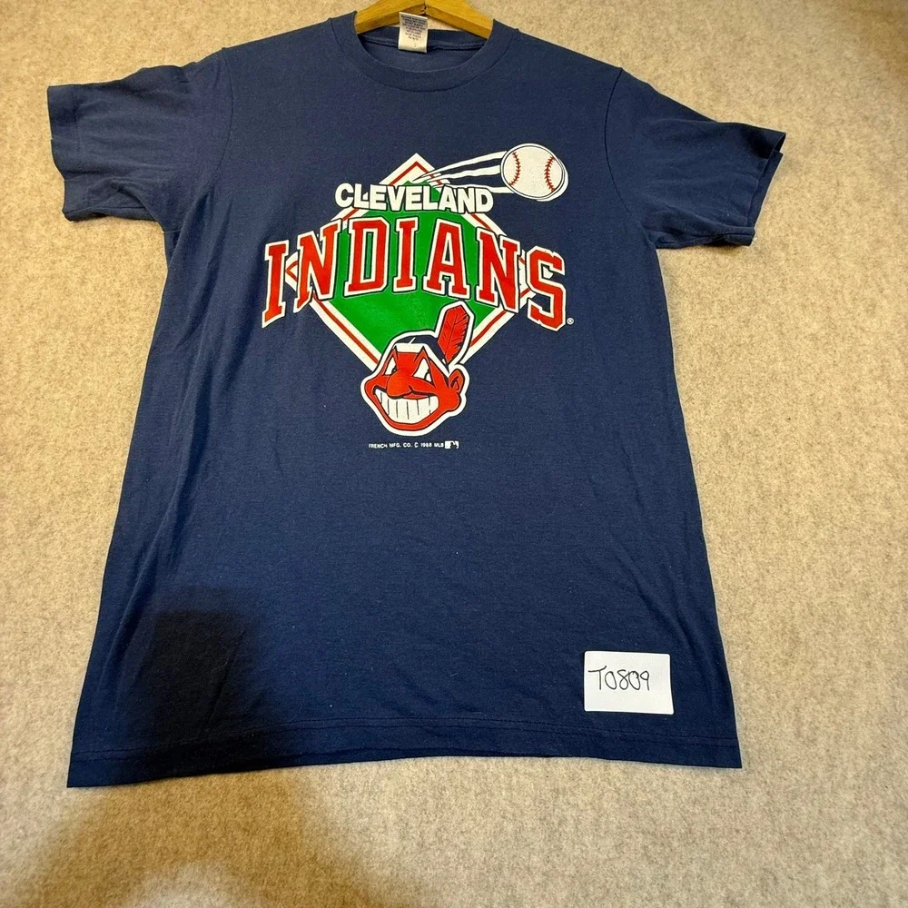 Vintage 1988 Cleveland Indians Shirt Chief Wahoo Trench MLB Navy Blue Mens M